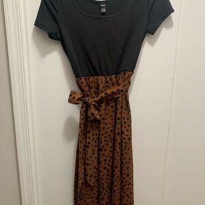 SHEIN Black Ribbed Top + Brown Polka-Dot Maxi Dress with Tie Waist